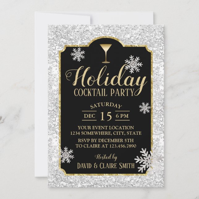 Invitation Cocktail de vacances Snowflakes Silver moderne (Devant)