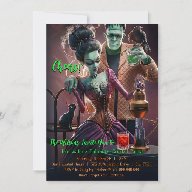 Invitation Cocktail d'Halloween, Frankenstein & Bride (Devant)