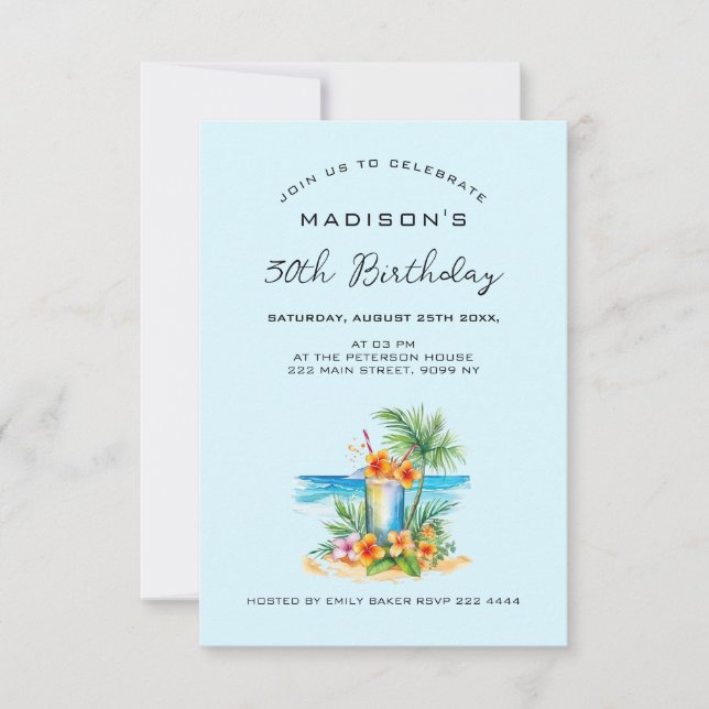 Invitation Cocktail et fleur exotique à l'anniversaire bleu (Devant)