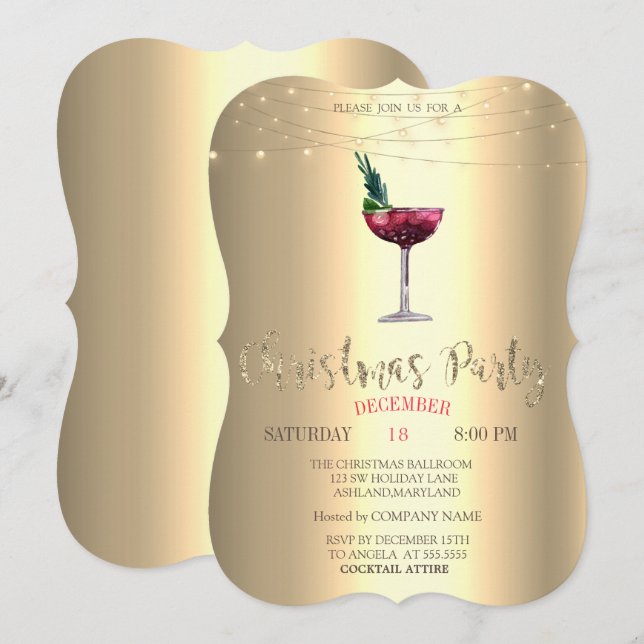 Invitation Cocktail, Gold Christmas Company Party (Devant / Derrière)