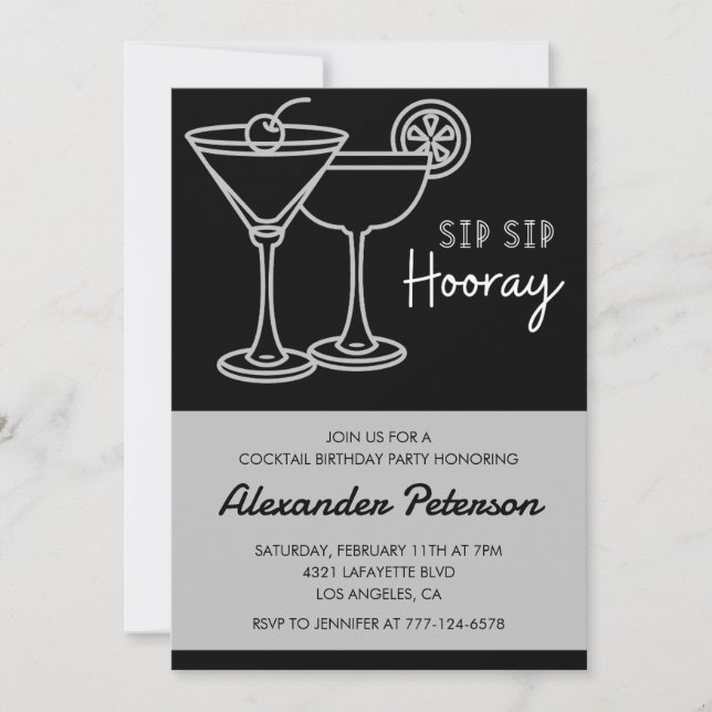 Invitation Cocktail Homme Noir Blanc Rétro 96e anniversaire (Devant)