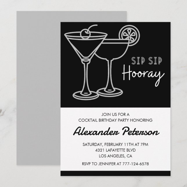 Invitation Cocktail homme noir et blanc 83e anniversaire (Devant / Derrière)
