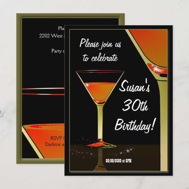 Invitation Cocktail Martini fête d'anniversaire (Devant / Derrière)