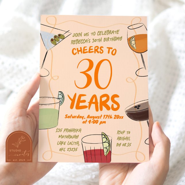 Invitation Cocktail orange illustré à la main Anniversaire (Créateur téléchargé)