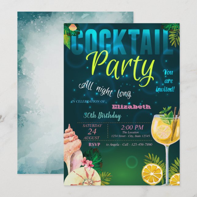 Invitation Cocktail, Seashell Summer Birthday Party (Devant / Derrière)