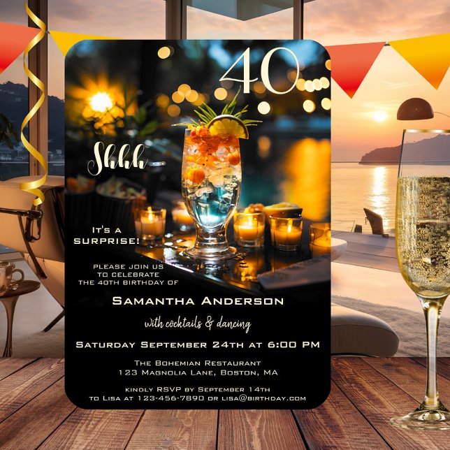 Invitation Cocktail Surprise Adulte Anniversaire (Surprise birthday invitation featuring a colorful cocktail at the waterfront with sparkling lights)