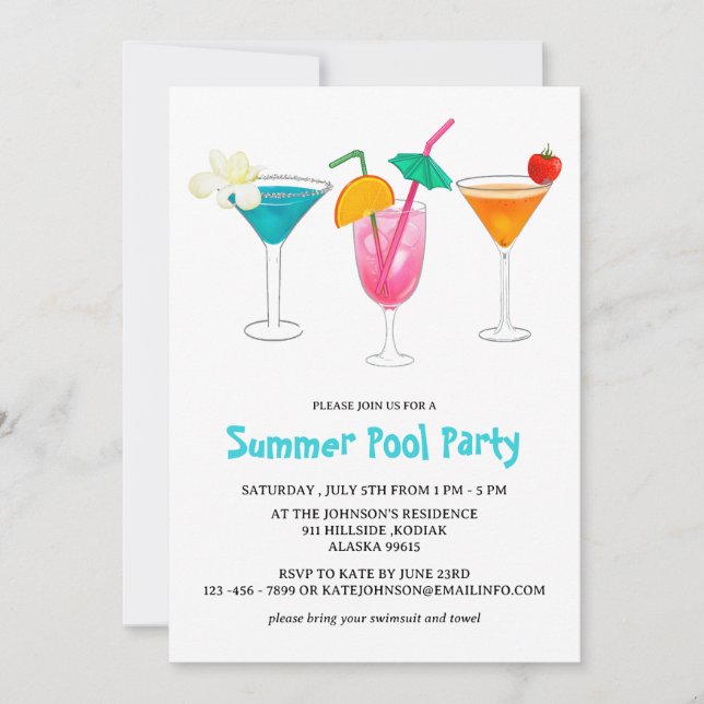 Invitation Cocktail Tropical d'été Fête de Piscine pour Adult (Devant)