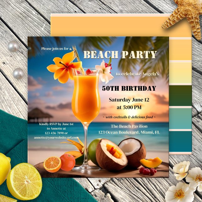 Invitation Cocktail tropical Summer Beach Anniversaire (Summer cocktail party invitation featuring a sunset on the beach with fruits and festive drink)
