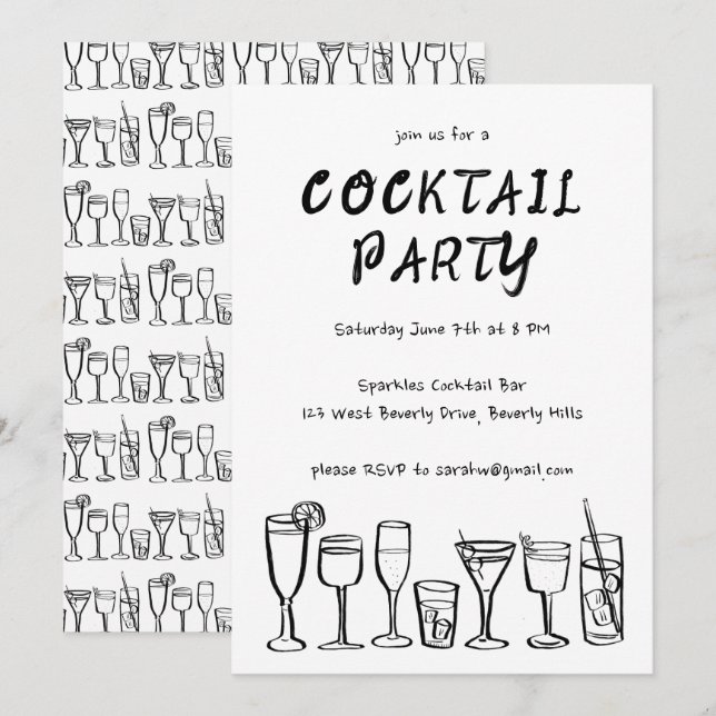 Invitation Cocktail Whimsical Boissons Custom Birthday Party  (Devant / Derrière)