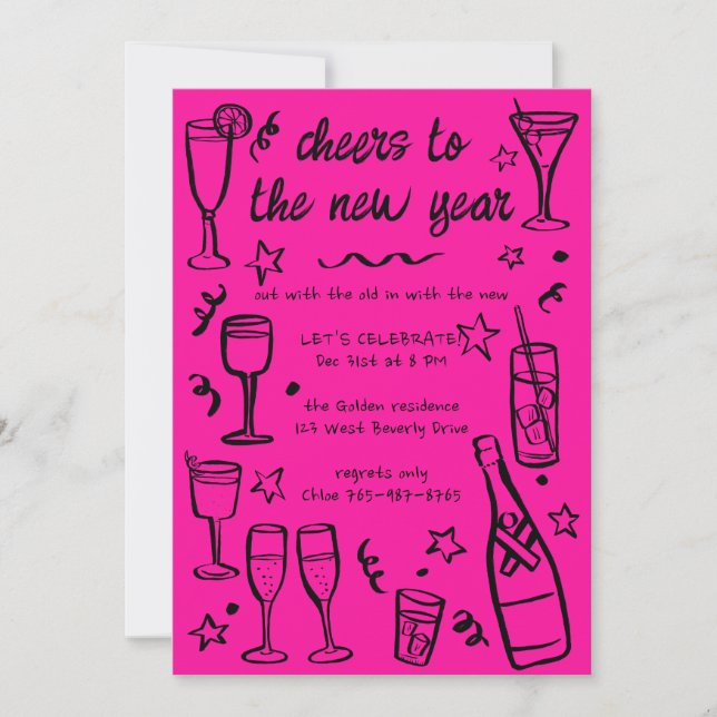 Invitation Cocktail Whimsical NEW YEAR Party Boissons sur mes (Devant)
