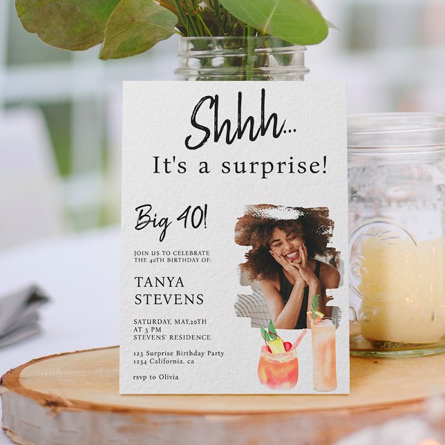 Invitation Cocktails blanc photo surprise quarante anniversai (Créateur téléchargé)