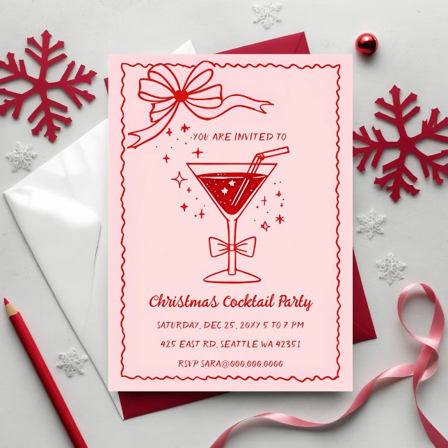 Invitation Cocktails de Noël Pink Red Bow à la main (Doodle Hand drawn Pink Red Bow Christmas Cocktails Invitation)