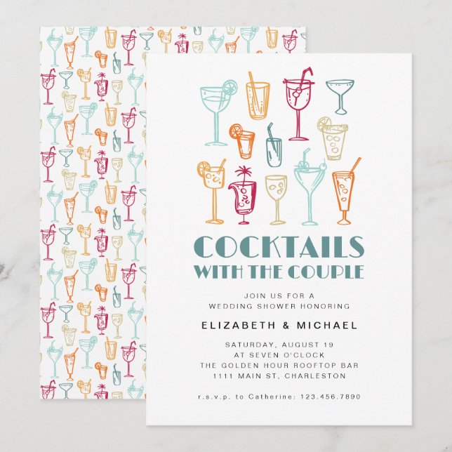 Invitation Cocktails Dessinés à la main Couples Douche Mariag (Devant / Derrière)