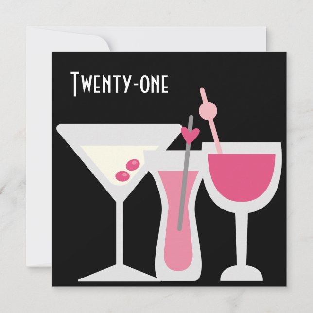 Invitation Cocktails Femmes Rose Noir 21ème anniversaire (Devant)