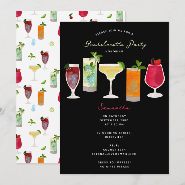 Invitation Cocktails Party Boissons Bachelorette Party (Devant / Derrière)