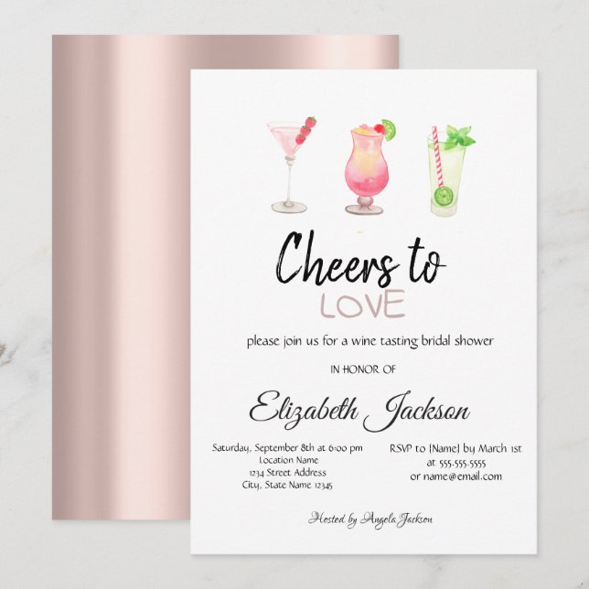Invitation Cocktails Rose Gold Summer Fête des mariées (Devant / Derrière)