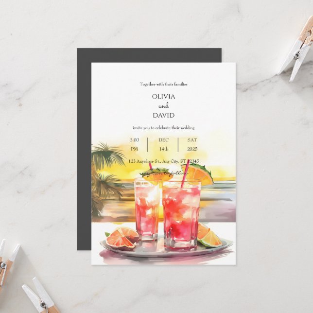 Invitation Cocktails tropicaux Ocean Sunset Scene Mariage (Devant/Arrière en situation)