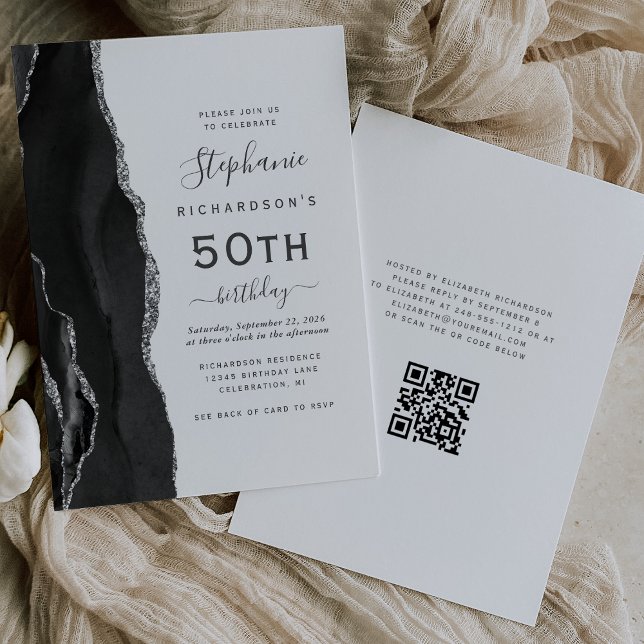 Invitation Code QR Agate Argent Noir 50e Anniversaire (Créateur téléchargé)