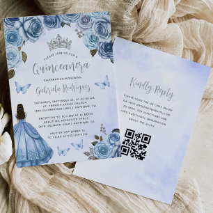 Invitation Code QR aquarelle florale argent bleu Quinceañera
