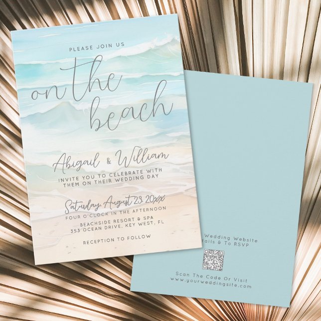 Invitation Code QR aquarelle sur le mariage à la plage (Watercolor QR Code On The Beach Wedding Invitation)