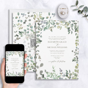 Invitation Code QR Aquarelle verte Eucalyptus Sage Formelle