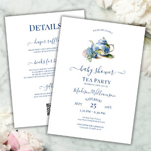 Invitation Code QR Baby Shower Thé à l'anglaise Hydrangea Ble