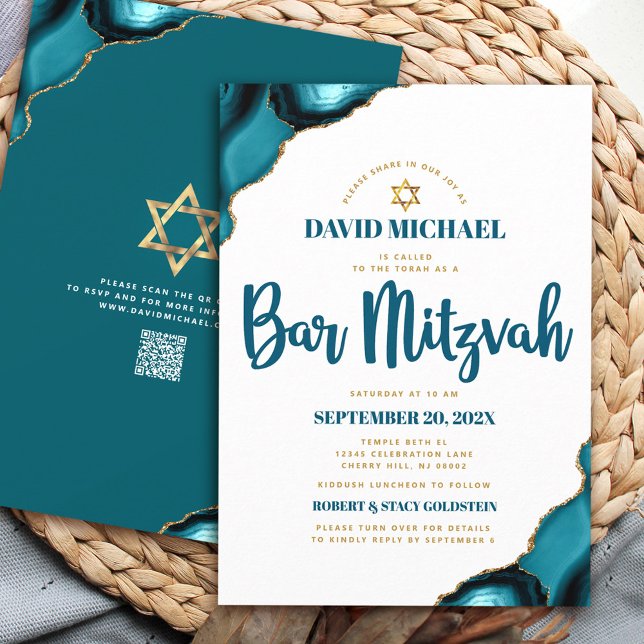Invitation Code QR Bar Mitzvah Agate Turquoise Écriture Blanc (Créateur téléchargé)