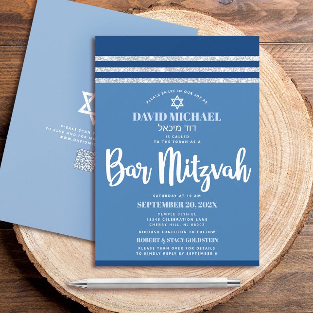 Invitation Code QR Bar Mitzvah Bleu Argent Tallit Script Gras (Créateur téléchargé)