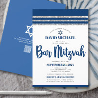 Code QR Bar Mitzvah Marine Argent Tallit Script Gr
