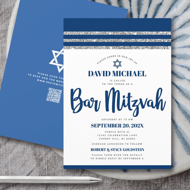 Invitation Code QR Bar Mitzvah Marine Argent Tallit Script Gr (Créateur téléchargé)