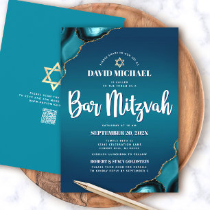 Invitation Code QR Bar Mitzvah Turquoise Ombré Agate Moderne