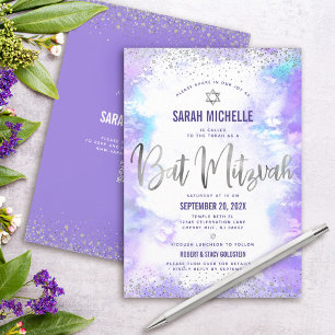Invitation Code QR Bat mitzvah Aquarelle violet Silver Foil