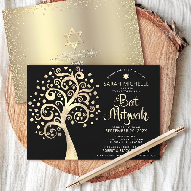 Invitation Code QR Bat mitzvah Black Gold Tree of Life Script (Créateur téléchargé)