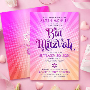 Invitation Code QR Bat Mitzvah Rétro Rose Orange Dégradé Amus