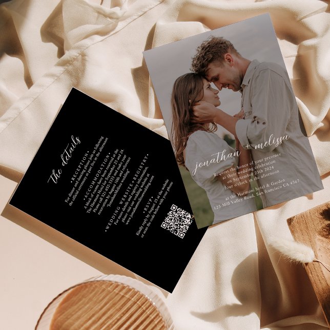 Invitation Code QR Black Modern Elegant Photo Script Mariage (Créateur téléchargé)