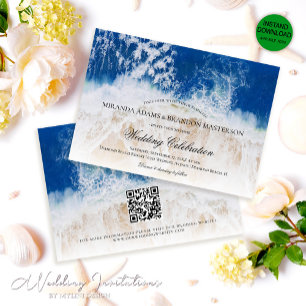 Invitation Code QR - Bleu Océan Vagues Plage tropicale Mariag