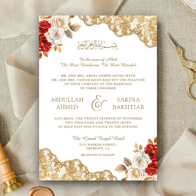 Invitation Code QR Broderie dorée Fleurs d'ivoire rouges Mari (Créateur téléchargé)