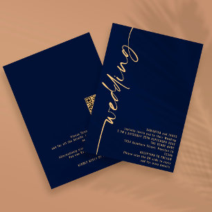 Invitation Code QR Calligraphie Élégante Mariage Or Marine