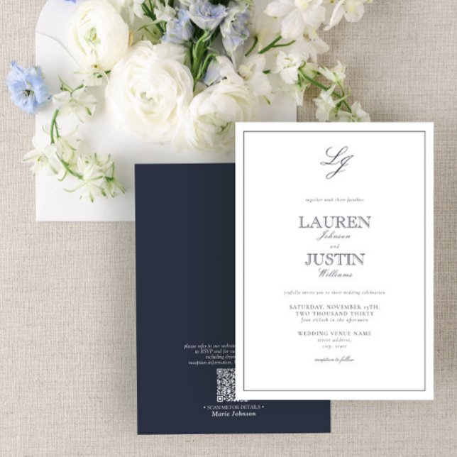 Invitation Code QR Classic Marine Bleu Script Monogramme Mari (Créateur téléchargé)