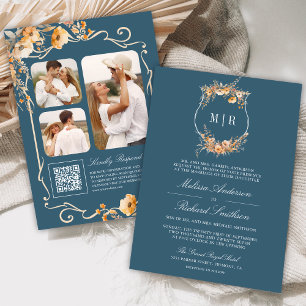 Invitation Code QR Crête de Fleurs Sauvages d'Automne Bleu Po