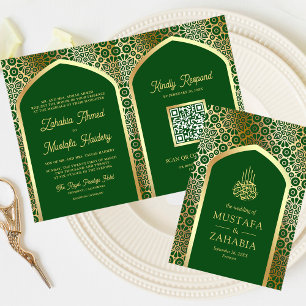 Invitation Code QR de l'arche persane verte dorée pour mariag
