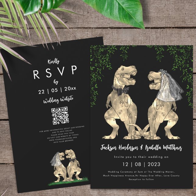Invitation Code QR de mariage à thème dinosaure (T-Rex bride and groom dinosaur black & white wedding invitation with online rsvp qr code)