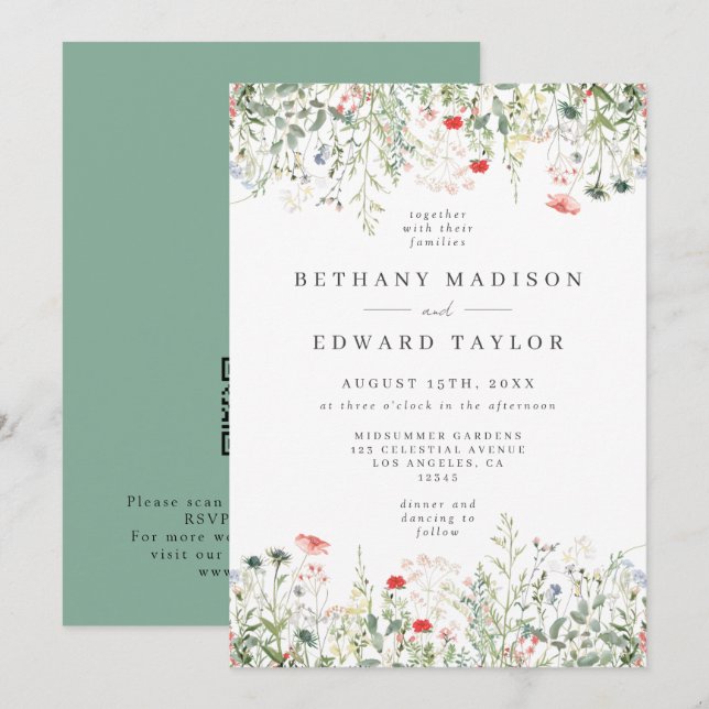 Invitation Code QR de mariage aux fleurs sauvages (Devant / Derrière)