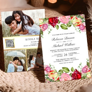 Invitation Code QR de mariage aux roses roses et rouges roman