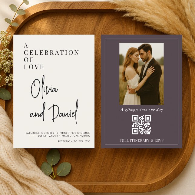 Invitation Code QR de mariage avec écriture violette prune (Créateur téléchargé)