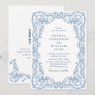 Invitation Code QR de mariage bleu poussiéreux orné de la Ren