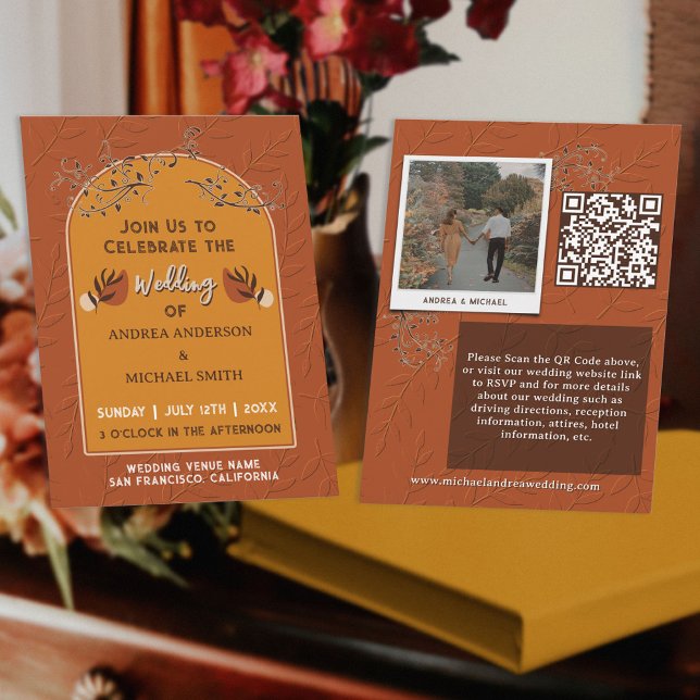 Invitation Code QR de mariage Bohème Photo de Terre Cuite Vin (Créateur téléchargé)