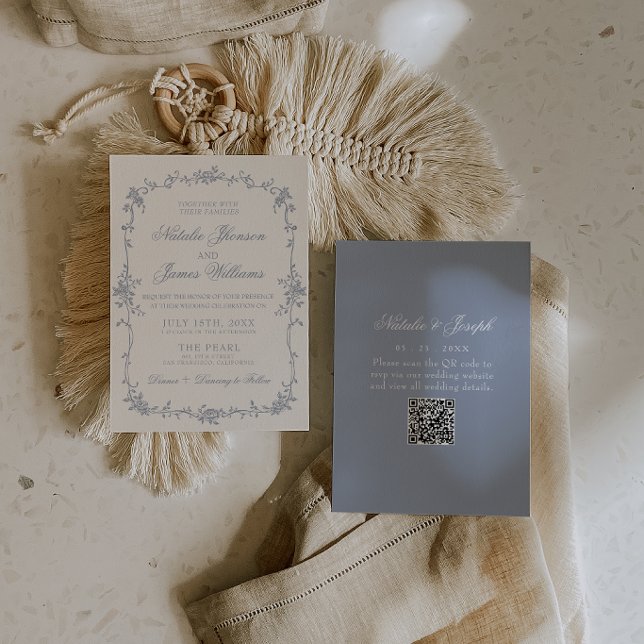 Invitation Code QR de mariage botanique bohème floral bleu po (Créateur téléchargé)