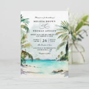 Invitation Code QR de mariage de scène de plage d'arbres de p
