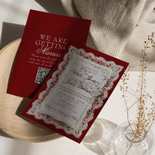 Invitation Code QR de mariage dentelle de Bourgogne Old Money